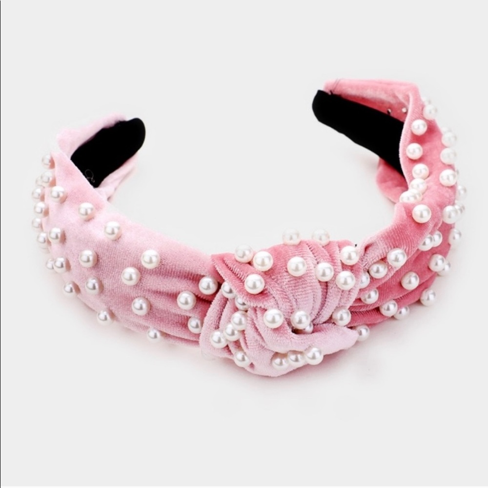 Knotted pearl headband - pink velvet